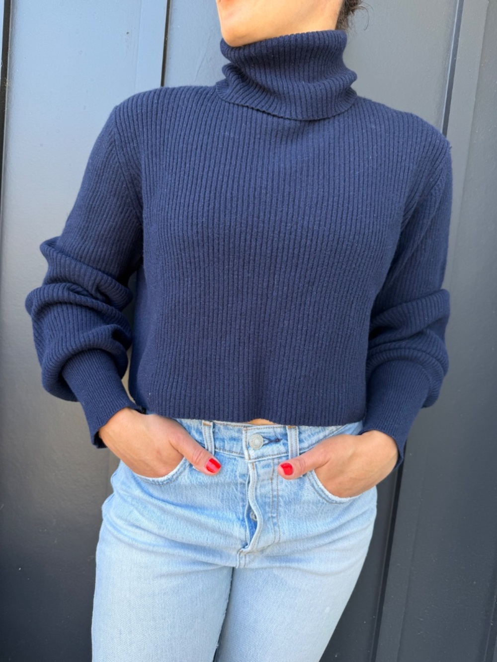 Reformation Luisa turtleneck cashmere cropped sweater navy